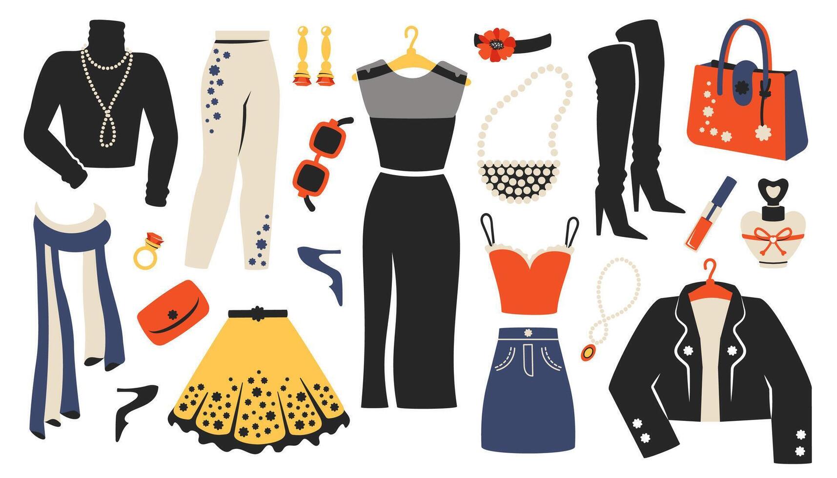 reeks van kleur mode vrouw outfits geïsoleerd. elegant gewoontjes kleren, schoenen, accessoire. modieus laarzen, jurk, broek, blouse, jasje, parfum. hand- getrokken ontwerp in schetsen stijl. vector illustratie