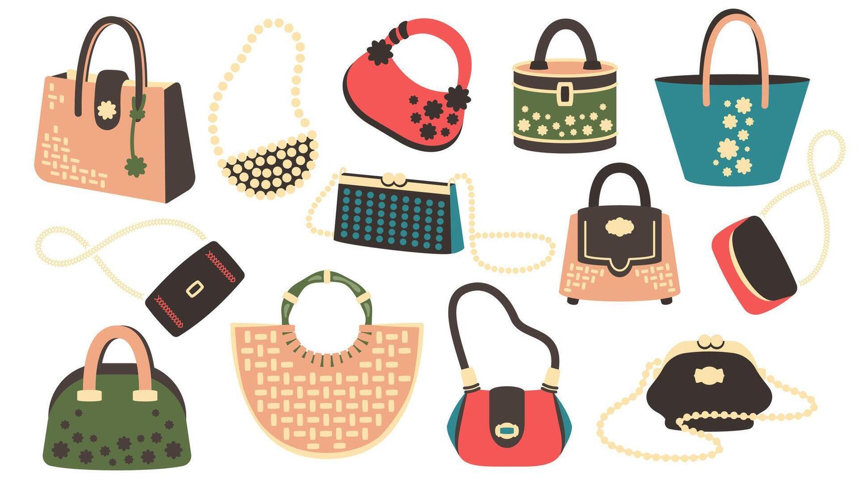 reeks van elegant vrouw hand- Tassen. mode elegant Dames handtas verschillend vormen, kleuren, modellen. strand tas, luxe handtas met keten en band, koppeling. modern accessoires. vector illustratie