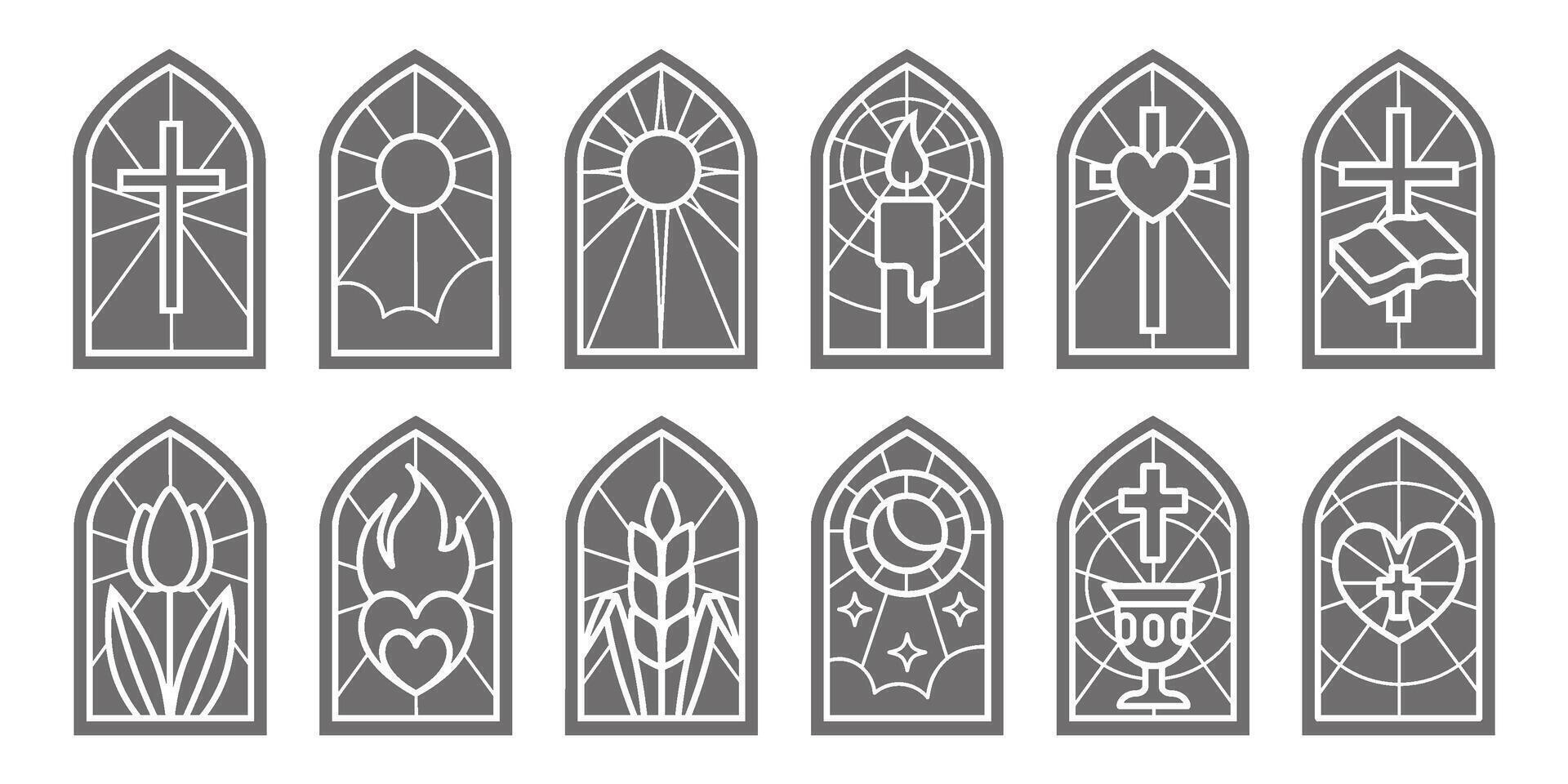 kerk glas ramen. gebrandschilderd mozaïek- Katholiek en christen kaders met kruis. vector gotisch middeleeuws schets bogen geïsoleerd Aan wit achtergrond