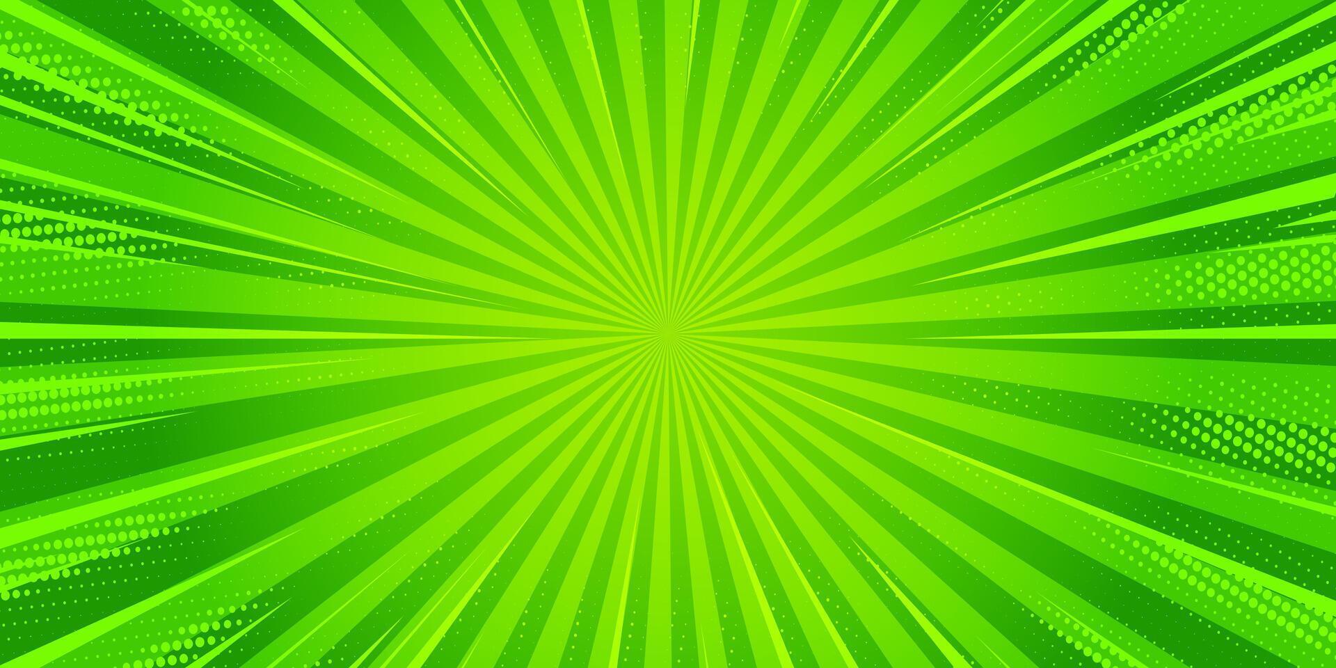 starburst tekenfilm grappig achtergrond. knal kunst patroon met radiaal stralen effect. vector zon licht groen behang met halftoon. abstract anime explosie. wijnoogst manga backdrop