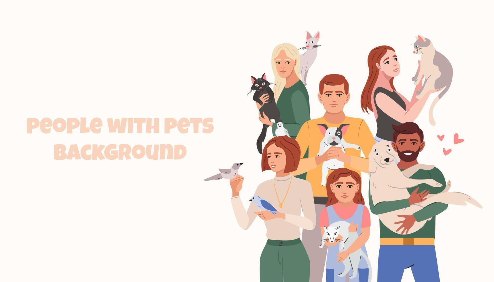 mensen met huisdieren portret achtergrond. vrouw Mens Holding honden, katten, vogels. huisdier eigenaren en schattig huiselijk dieren vlak vector samenstelling voor banier ontwerp.