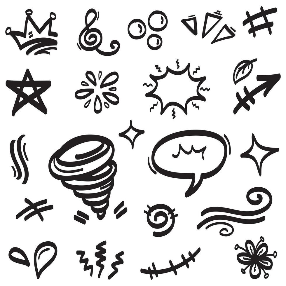 vector set handgetekende cartoony expressie teken doodle, kromme richtingspijlen, emoticon effecten ontwerpelementen, cartoon karakter emotie symbolen, schattige decoratieve penseelstreek lijnen.