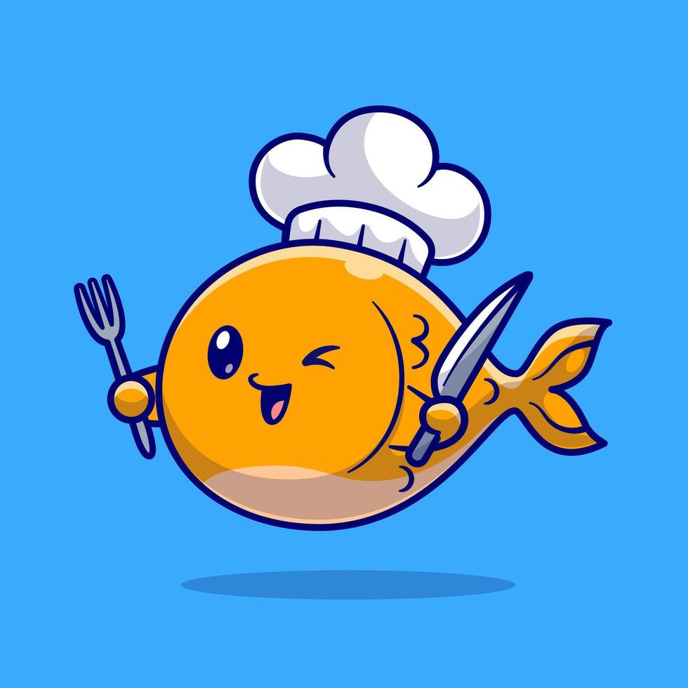 schattig vis chef met vork en mes tekenfilm vector icoon illustratie. dier voedsel icoon concept geïsoleerd premie vector. platte tekenfilm stijl