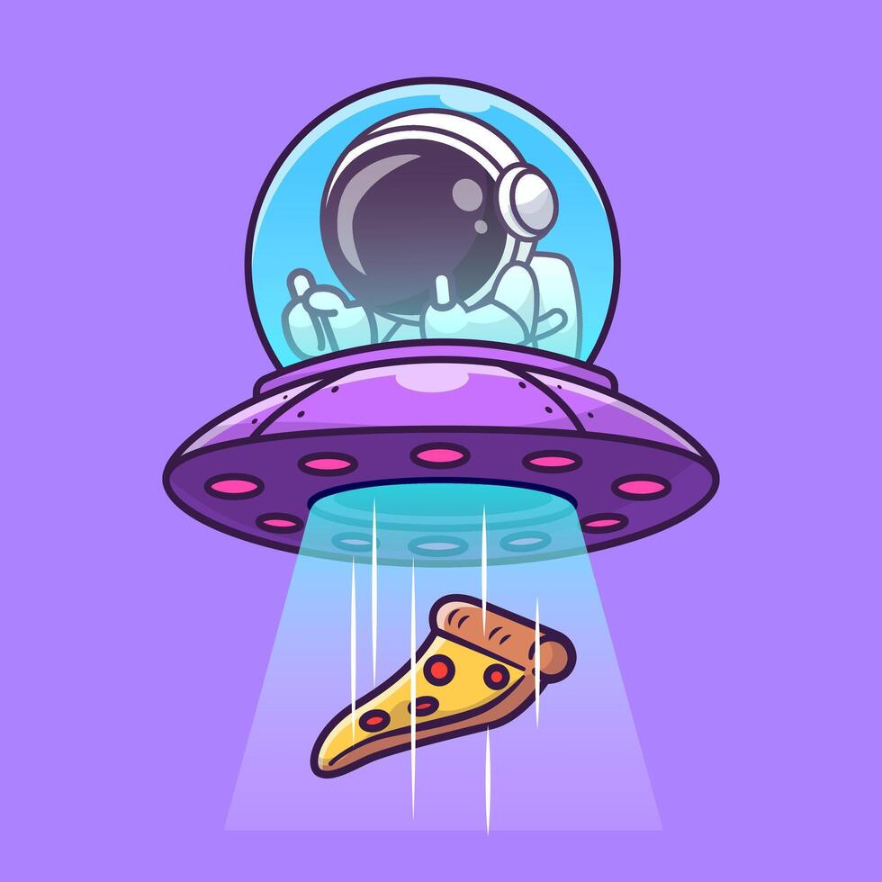 schattig astronaut vangen pizza met ufo tekenfilm vector icoon illustratie. wetenschap voedsel icoon concept geïsoleerd premie vector. vlak tekenfilm stijl