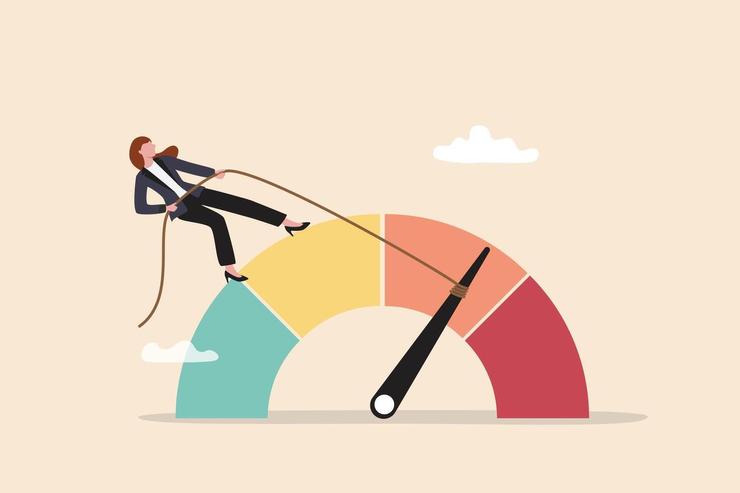 verminderen risico niveau of verminderen spanning ongerustheid meter, lager Gevaar indicator of schaal, verminderen van rood alarm meter naar worden groen tabel concept, zakenvrouw Trekken meter naar verminderen risico of spanning niveau. vector