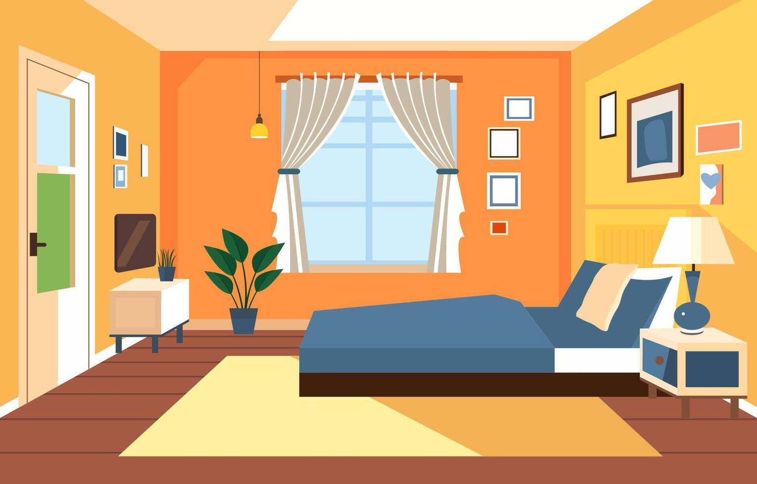 vlak ontwerp van slaapkamer interieur met bed meubilair en venster in huis vector