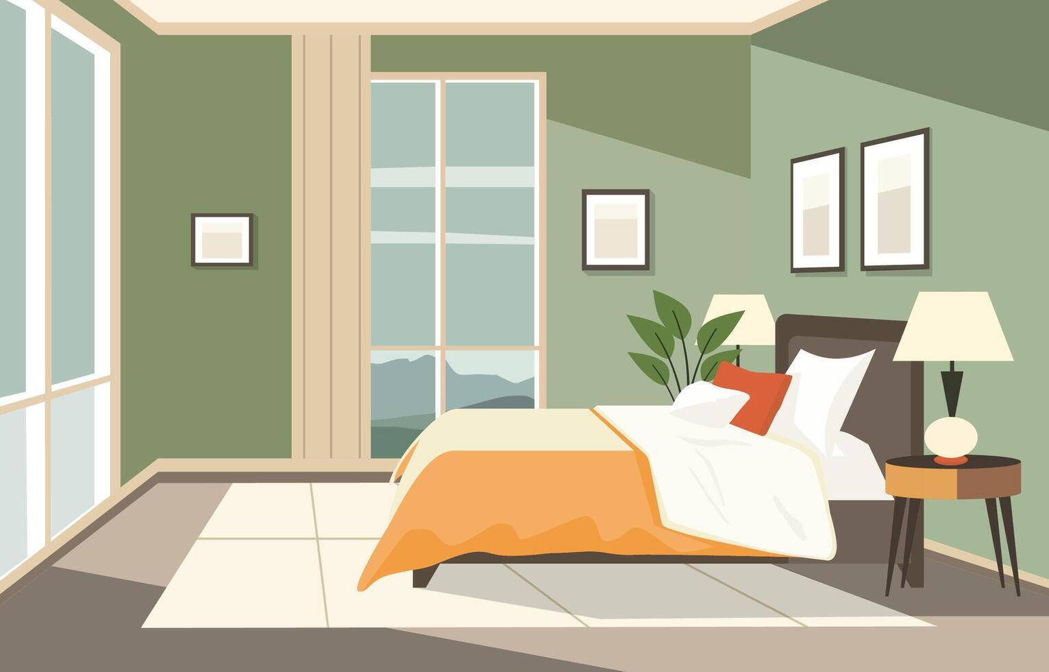 vlak ontwerp van slaapkamer met bed meubilair venster en fabriek in hotel vector