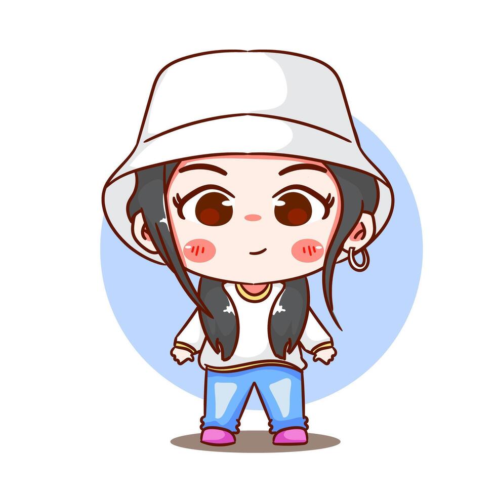 schattig meisje vervelend kat en dansen tekenfilm karakter. Koreaans stijl mode. mensen uitdrukking concept ontwerp. chibi vector illustratie. geïsoleerd wit achtergrond