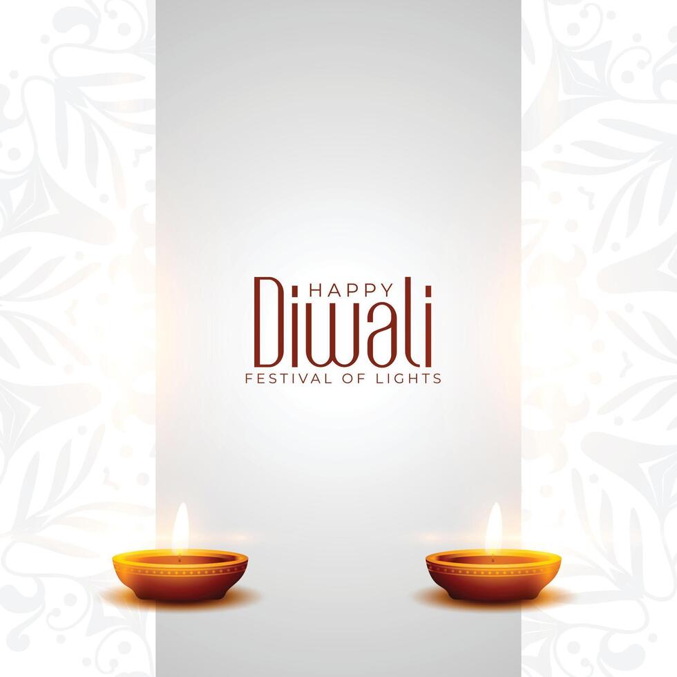 schoon wit gelukkig diwali groet kaart met gloeiend diya en tekst ruimte vector illustratie