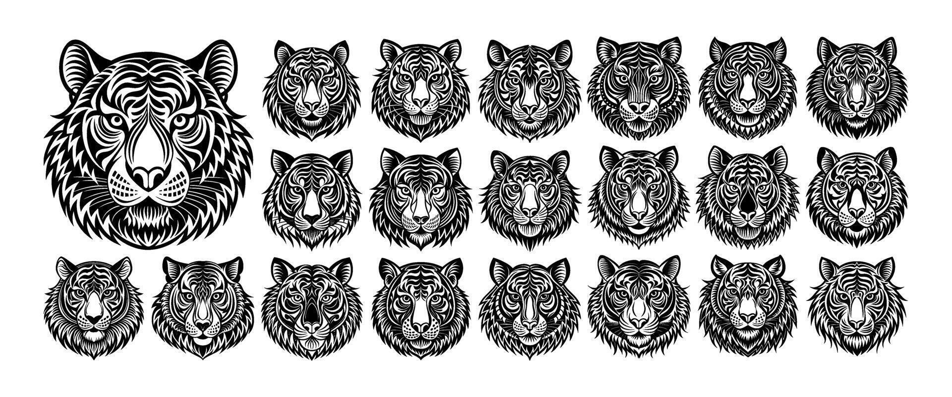 ai gegenereerd verzameling van vlak zwart tijger hoofd ontwerp sjabloon vector
