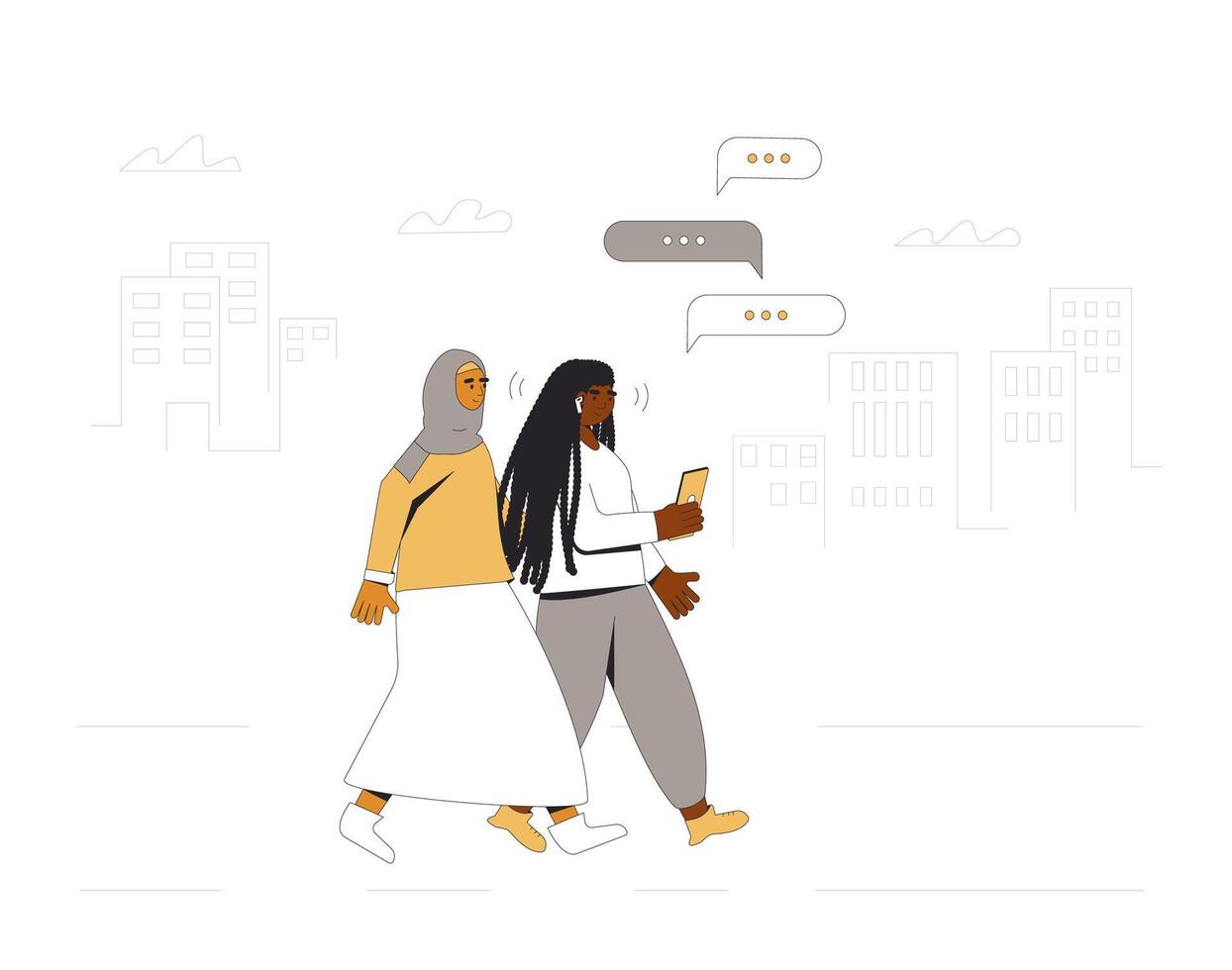 twee tieners wandelen door de straten samen. jong vrouw vrienden wandelen met telefoon. vector kleur lijn illustratie.