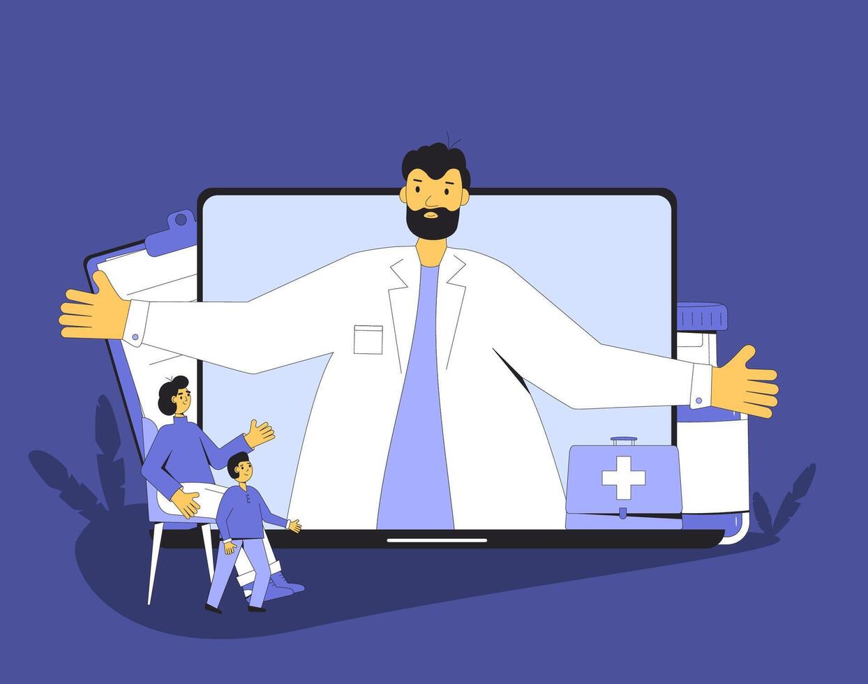 online medisch overleg. telegeneeskunde. familie dokter ver weg adviseren. Gezondheid zorg door internetten. moeder en zoon hebben een gezondheidszorg afgelegen Diensten. vector