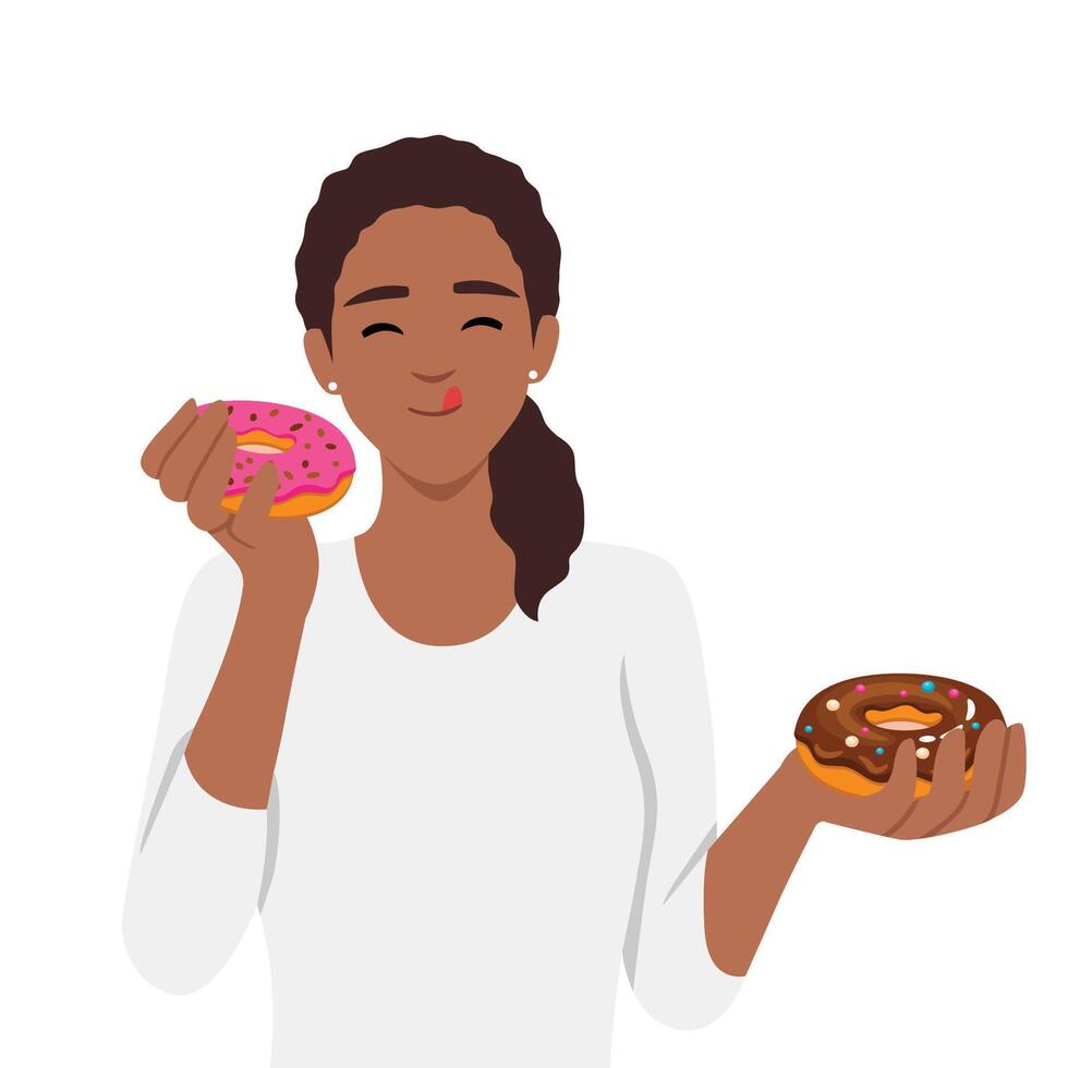 vrouw eet hoog calorie broodjes gedekt met suiker suikerglazuur genieten van donuts van snel voedsel vector