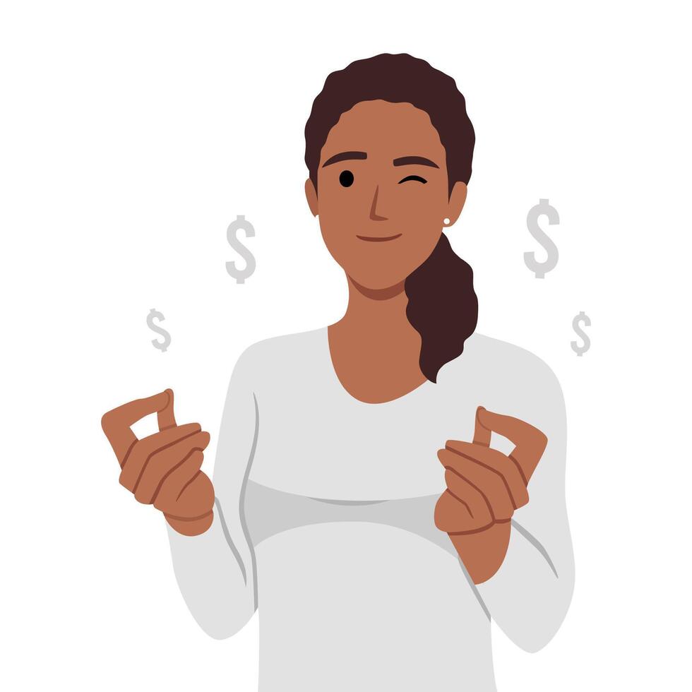 jong vrouw gebaren richten vinger Aan dollar symbolen schetsen vector