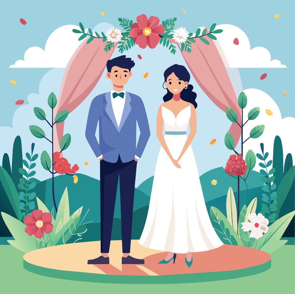bruiloft paar in de tuin met bloemen vector illustratie