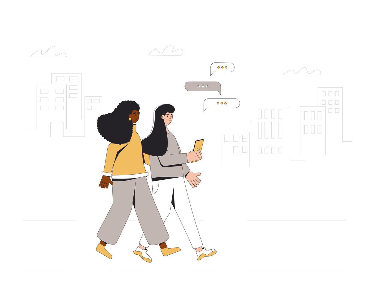 twee tieners wandelen door de straten samen. jong vrouw vrienden vervelend in gewoontjes kleren met telefoon. paar. vector lijn illustratie.