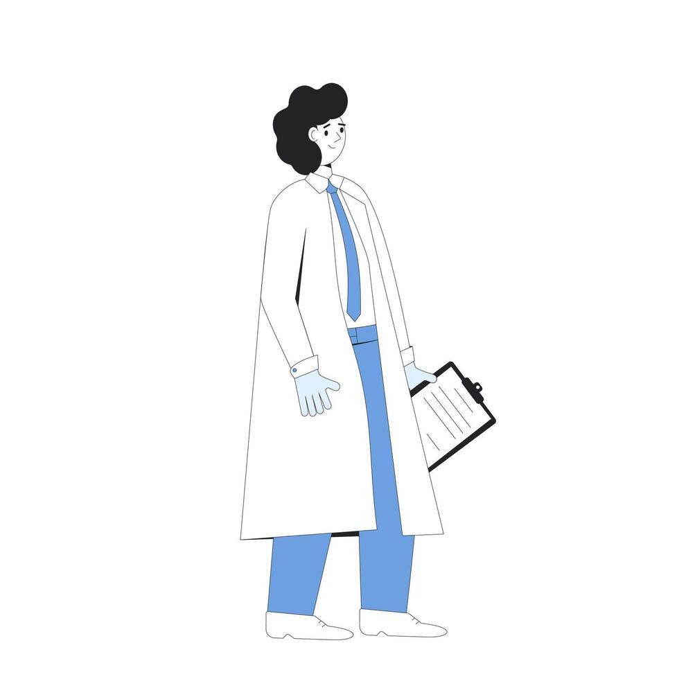 dokter, dokter. mannetje karakter vervelend in uniform staand geïsoleerd Aan een wit achtergrond. medisch personeel. vector lijn kunst illustratie.