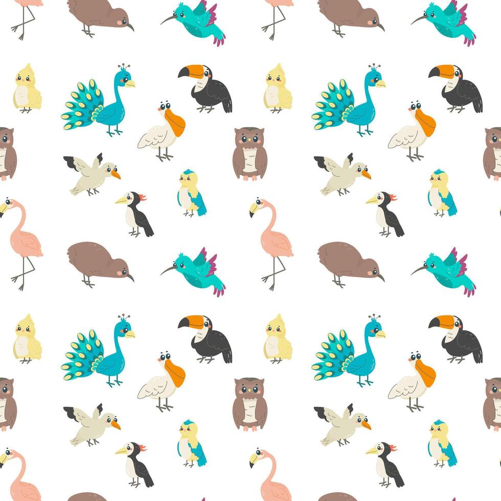 naadloos patroon met verschillend vogels, Aan wit achtergrond, kinderen patroon, voor kleding stof, omhulsel papier, behang vector