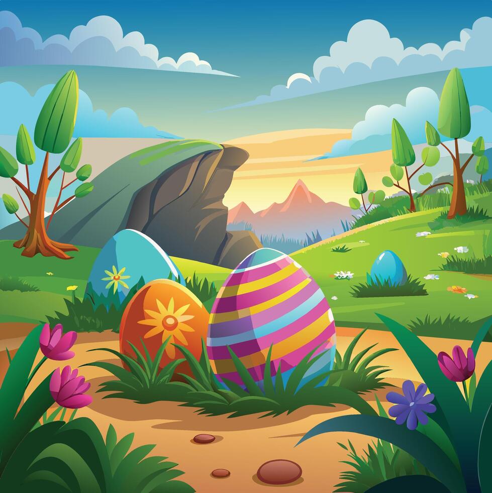 kleurrijk Pasen eieren in de weide. vector illustratie.