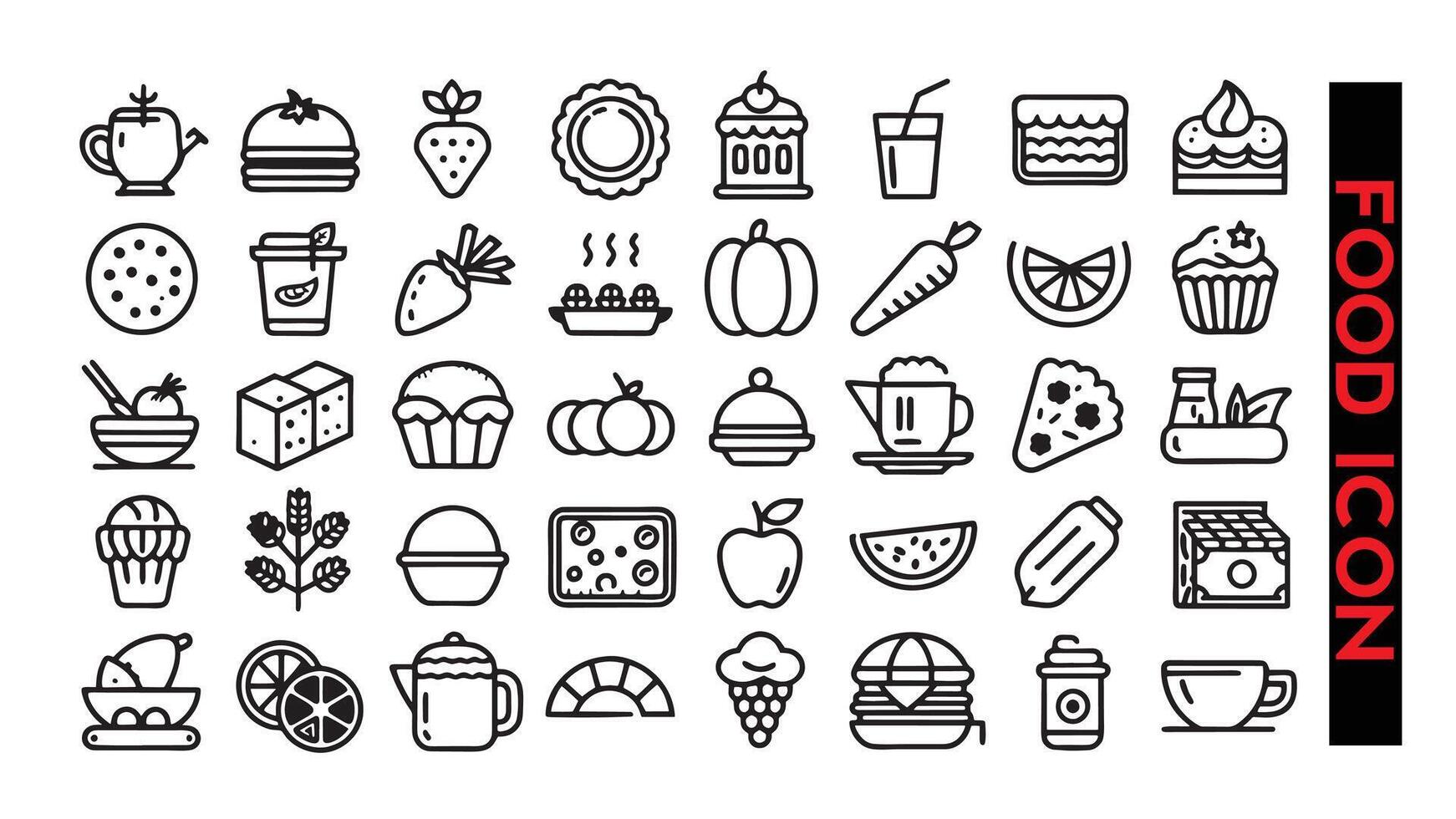 voedsel en drankjes pictogrammen reeks vector dun lijn. koffie, Frisdrank, bitterkoekjes, pizza, ijs room, hamburger, Hamburger