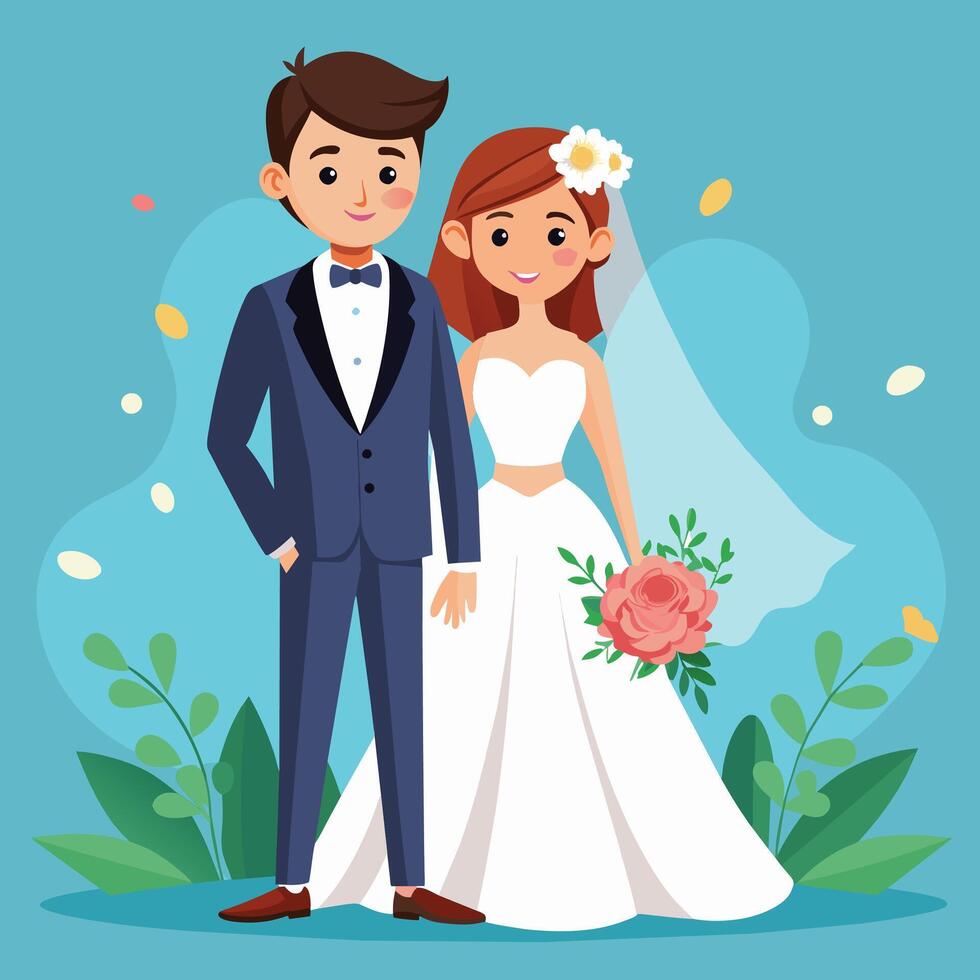 bruid en bruidegom Aan een blauw achtergrond. vector illustratie in tekenfilm stijl.