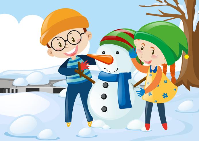 Twee kinderen knuffelen sneeuwpop vector