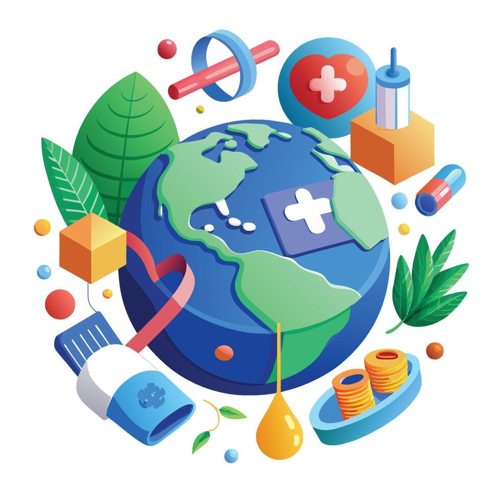 wereld Gezondheid dag isometrische samenstelling met planeet aarde en gezondheidszorg symbolen vector illustratie