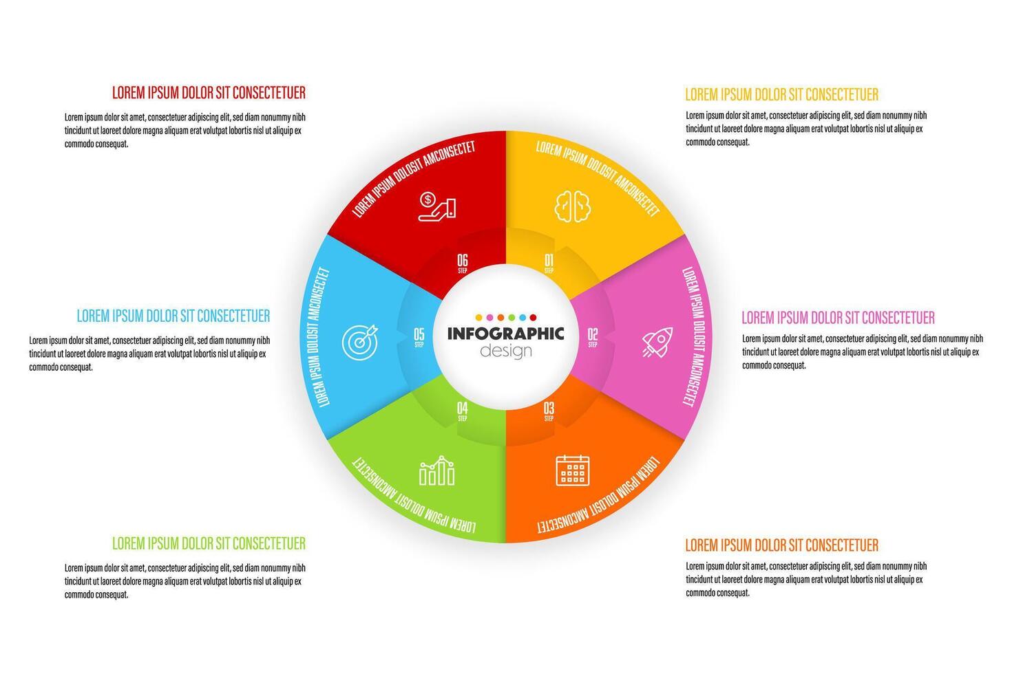 vector circulaire diagram verdeeld in zes kleurrijk secties met pictogrammen vertegenwoordigen opstarten ontwikkeling strategieën.