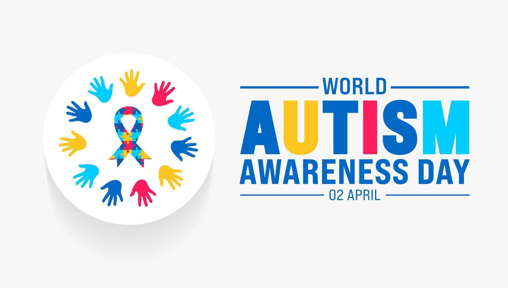 2 april wereld autisme bewustzijn dag concept kleurrijk kind handafdruk of kinderen hand- cirkel met puzzel stuk bewustzijn lint achtergrond ontwerp sjabloon. vector