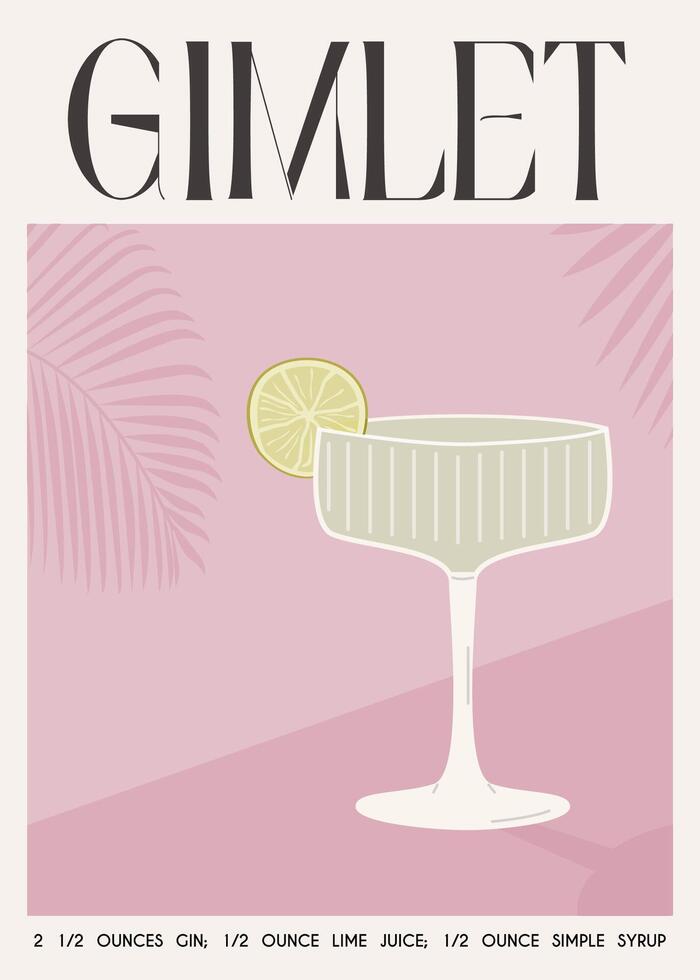 gimlet klassiek cocktail garneer met limoen plak. klassiek alcoholisch drank recept muur kunst afdrukken. zomer aperitief poster in gedempt kleur. minimalistische alcoholisch drinken aanplakbiljet. vector vlak illustratie.