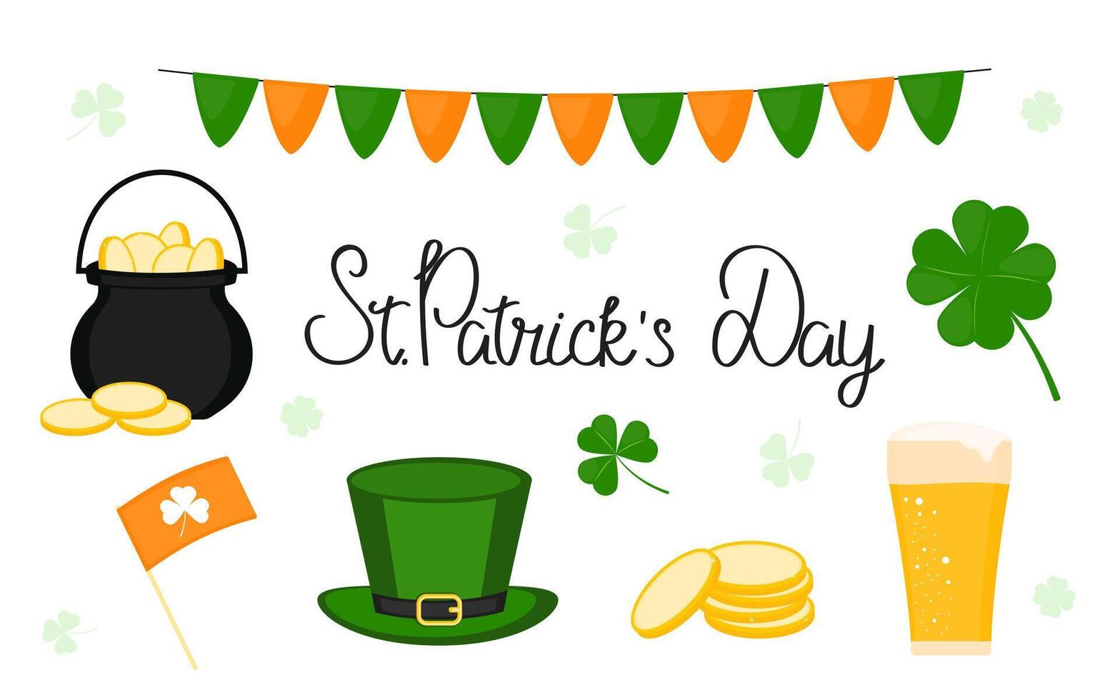 st patricks dag set. Klaver, klaver, munten, bier, hoed, pot, vlaggen. vector elementen voor ontwerp kaarten, scrapbooken, stickers, banier, poster.