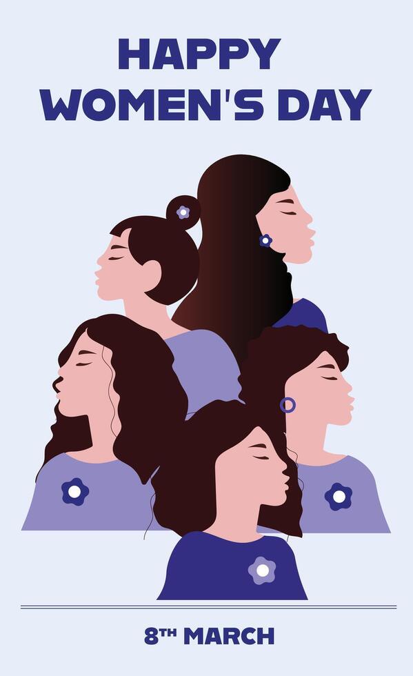 Internationale vrouwen dag vector illustratie. omhelzing gelijkwaardigheid. Dames van verschillend etniciteiten. vrouwtjes voor feminisme, onafhankelijkheid, zusterschap, machtiging, activisme voor Dames rechten.