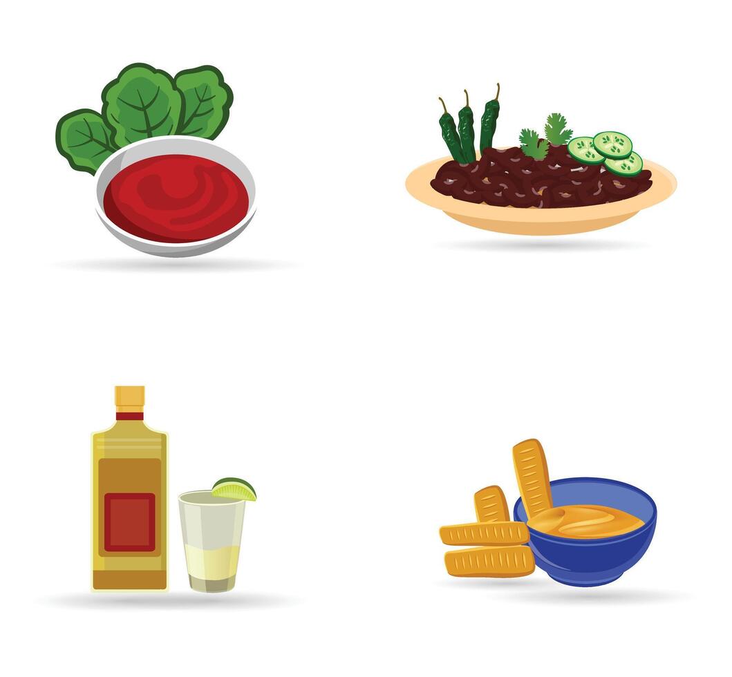 Mexicaans voedsel illustratie vector set, Mexicaans heerlijk voedsel sjabloon. traditioneel smakelijk salsa drinken met groente pittig geïsoleerd illustratie element.