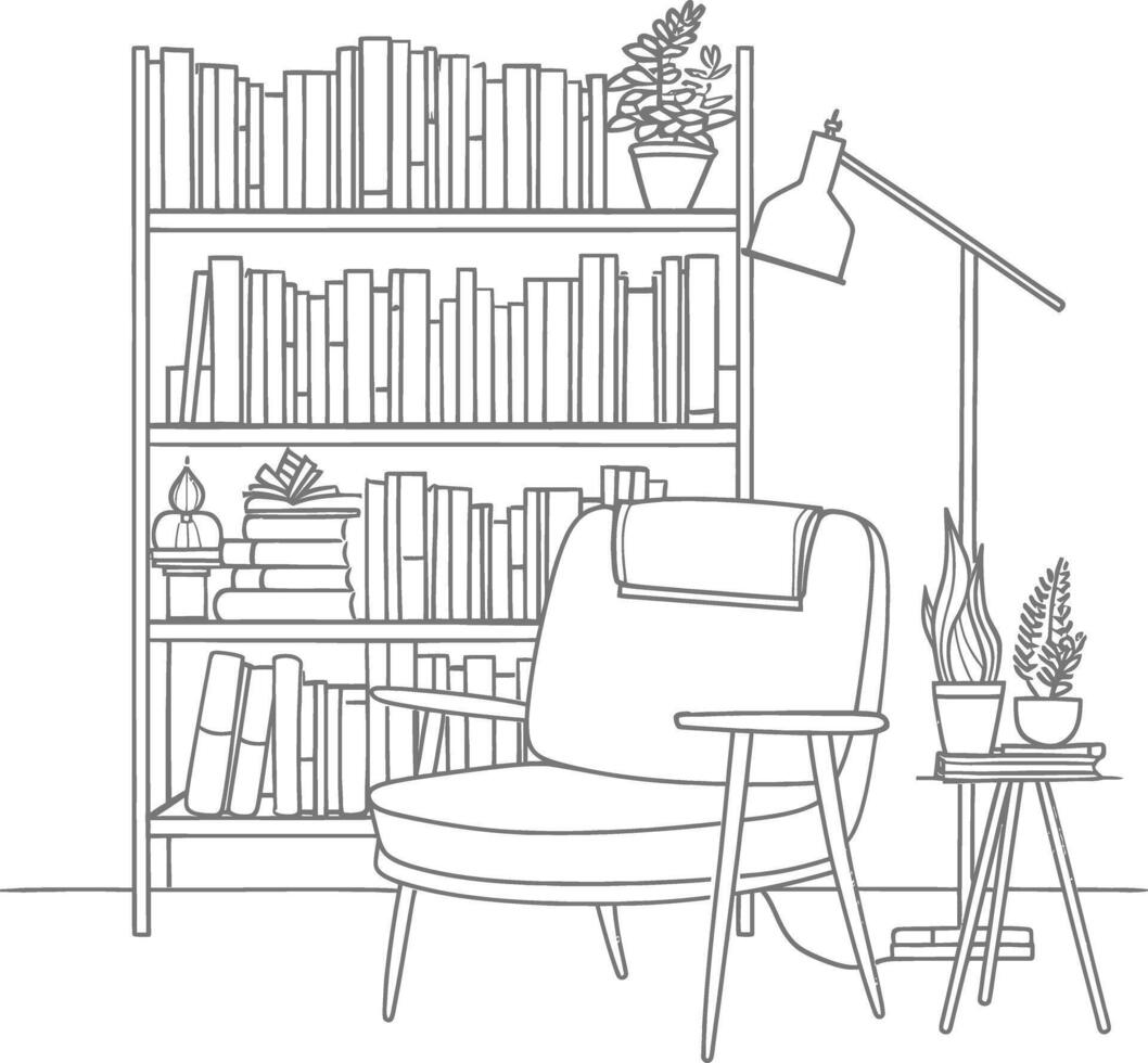 ai gegenereerd schets illustratie voor de studie kamer heeft boekenkasten en veel boek in Daar vector