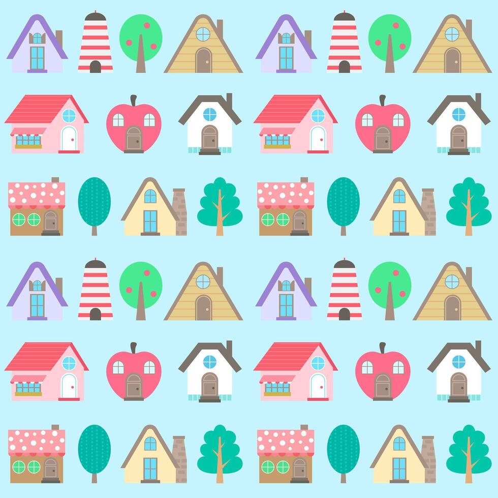 hand- getrokken kinderen patroon stad landschap met een verscheidenheid van gebouw vector illustratie
