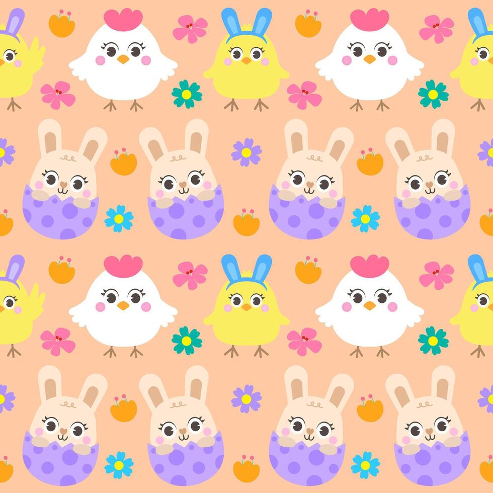 Hallo voorjaar Pasen ei jacht naadloos patroon schattig konijn kuiken bloemen hand- getrokken achtergrond vector illustratie