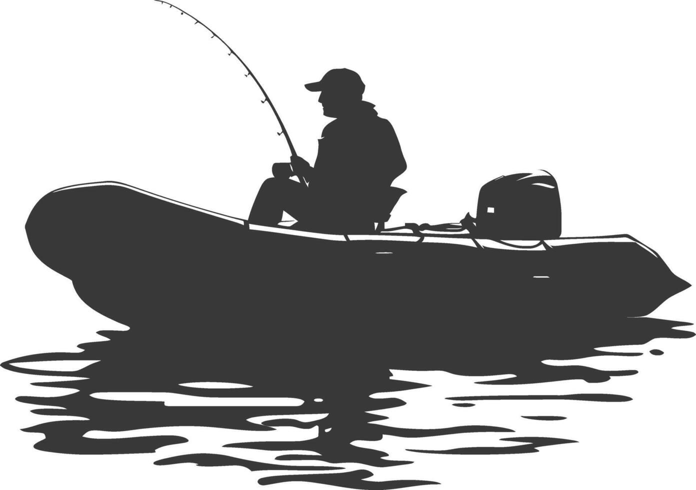 ai gegenereerd silhouet visser visvangst gebruik makend van opblaasbaar boot vector
