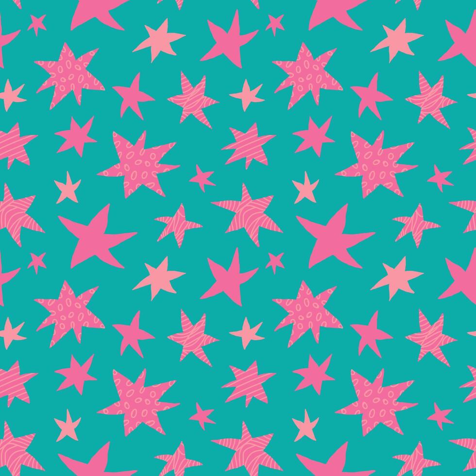 uit de vrije hand getrokken versierd roze sterren Aan taling achtergrond naadloos vector patroon illustratie. gemakkelijk aantrekkelijk ornament met sterren voor het drukken Aan verschillend oppervlakken.