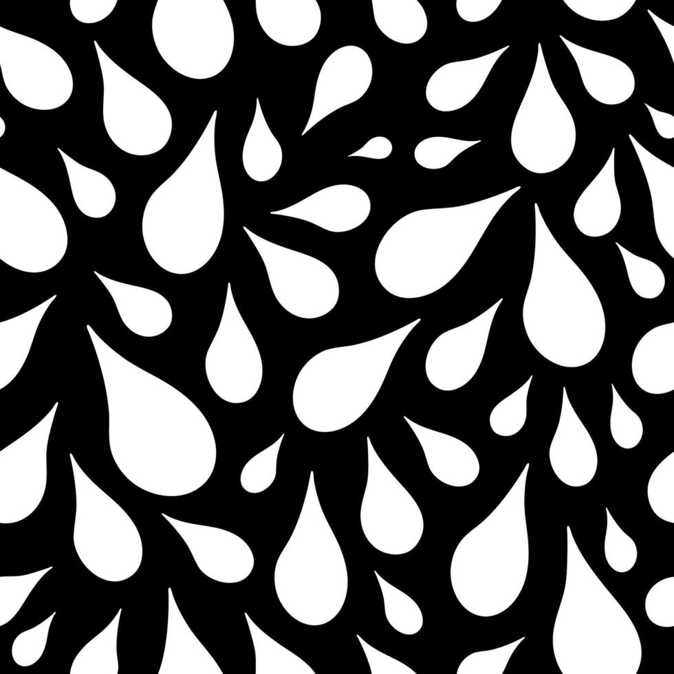 contrasty monochroom naadloos vector patroon met wit druppels strak geplaatst dichtbij samen over- zwart achtergrond. wit druppels variërend in grootte Aan donker backdrop oppervlakte kunst voor afdrukken.