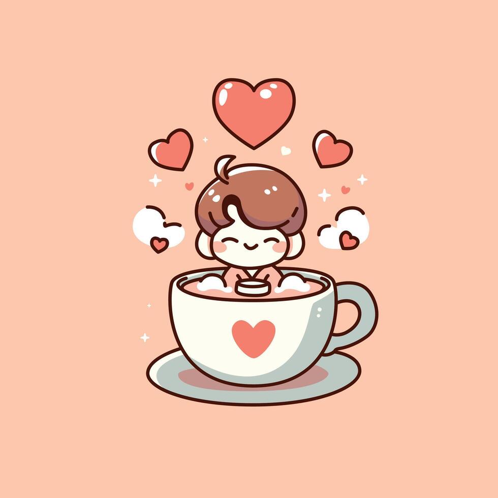 een jongen in een mok van warm koffie met liefde teken voor Valentijn illustratie vector