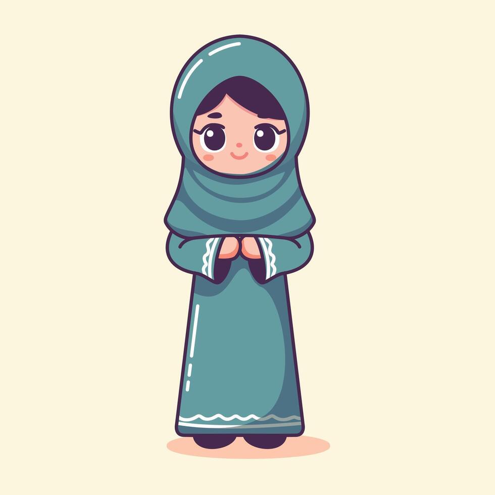 schattig vector illustratie van Islamitisch hijab moslim meisje excuses aanbieden voor Ramadan eid al fitr