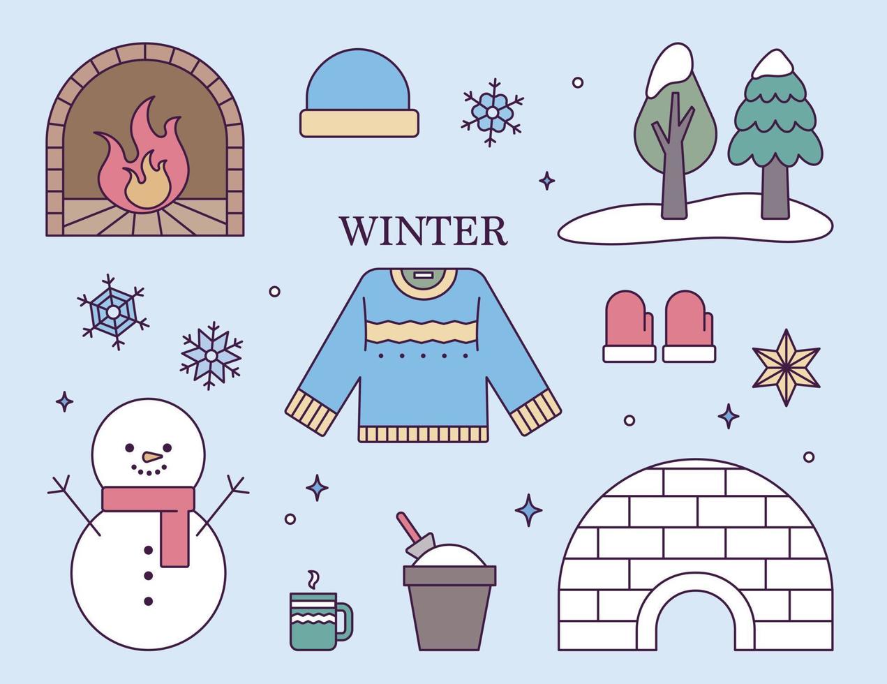 collectie winterobjecten. platte ontwerp stijl vectorillustratie. vector