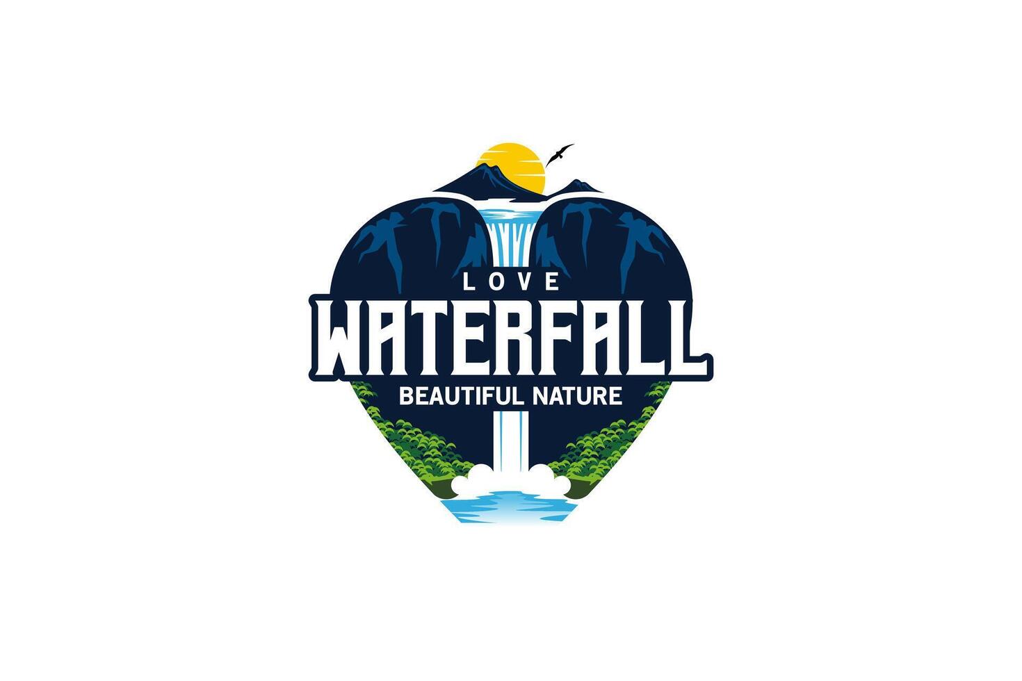 liefde waterval logo ontwerp, vector illustratie van een hoog klif waterval met de voelen van een berg visie