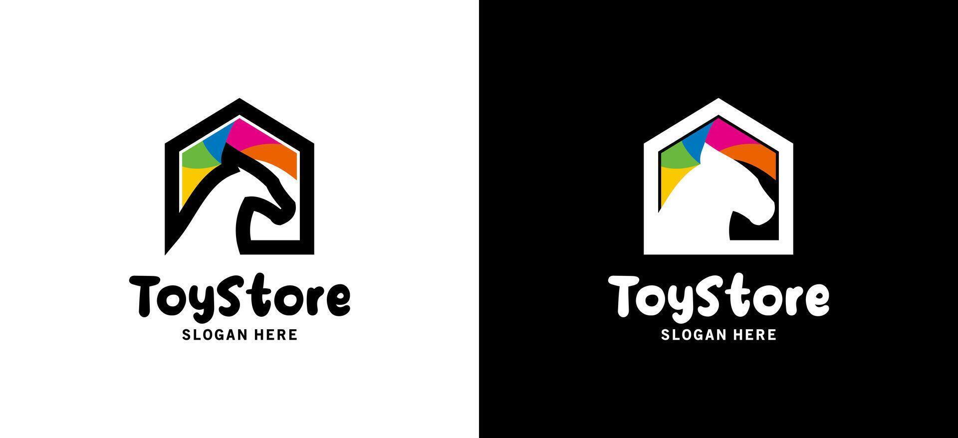 kinderen speelgoed- winkel logo ontwerp sjabloon met regenboog gekleurde paard symbool vector