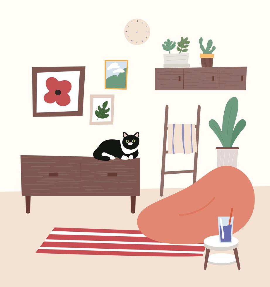 comfortabel interieur met zitzak en kat. platte ontwerp stijl vectorillustratie. vector