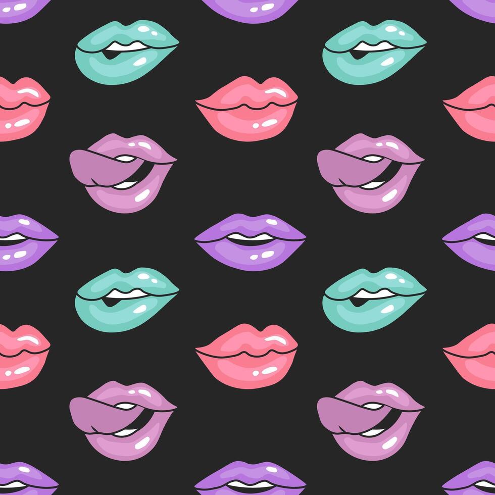 naadloos patroon, vrouw lippen. wijnoogst illustratie van vrouwen monden in verschillend emoties voor afdrukken. retro achtergrond vector