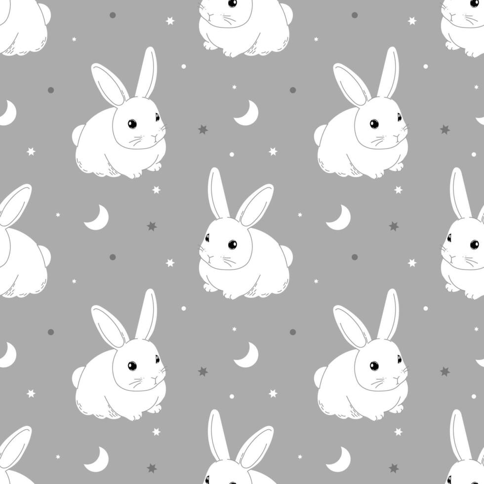 naadloos patroon met schattig wit konijntjes Aan een pastel achtergrond met sterren. baby afdrukken, ontwerp voor kinderkamer slaapkamer vector