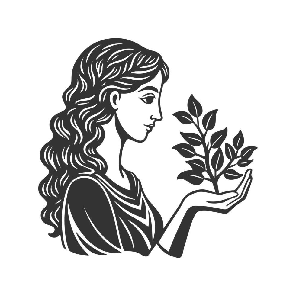 vrouw Holding groeit boom, mentaal Gezondheid, zelf zorg of tuinieren. zwart en wit silhouet illustratie vector