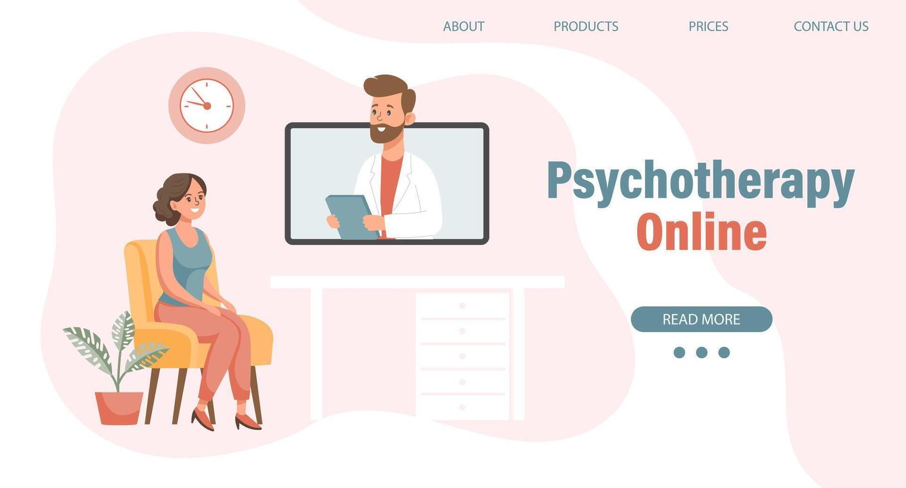 psychotherapie online, een vrouw pratend naar een psycholoog Aan de scherm. mentaal Gezondheid banier of landen bladzijde sjabloon. illustratie, vector