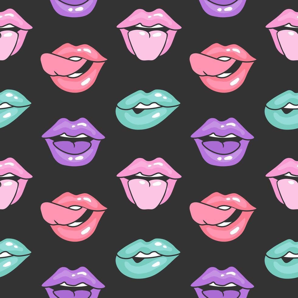naadloos patroon, vrouw lippen. wijnoogst illustratie van vrouwen monden in verschillend emoties voor afdrukken. retro achtergrond vector